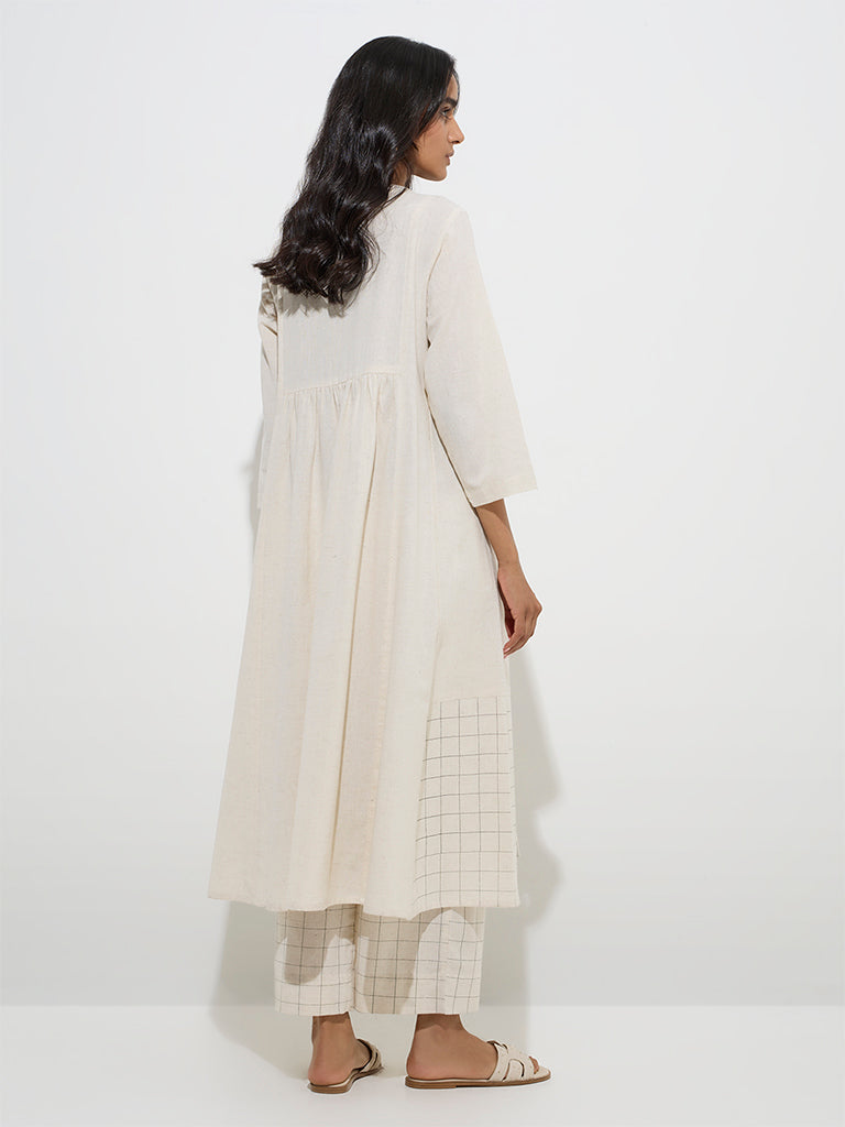Utsa Beige Embroidered Cotton-Blend A-Line Kurta