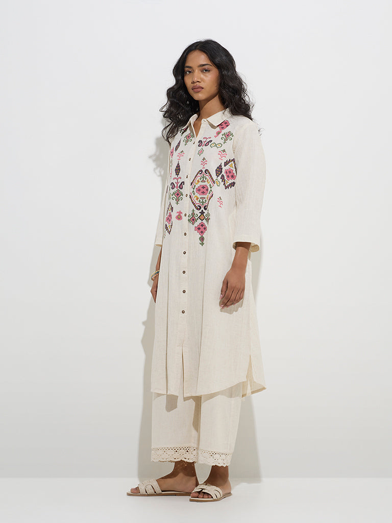 Utsa Off-White Ikat Design Cotton-Blend A-Line Kurta