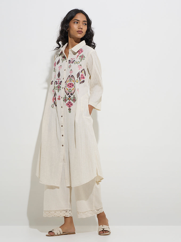Utsa Off-White Ikat Design Cotton-Blend A-Line Kurta