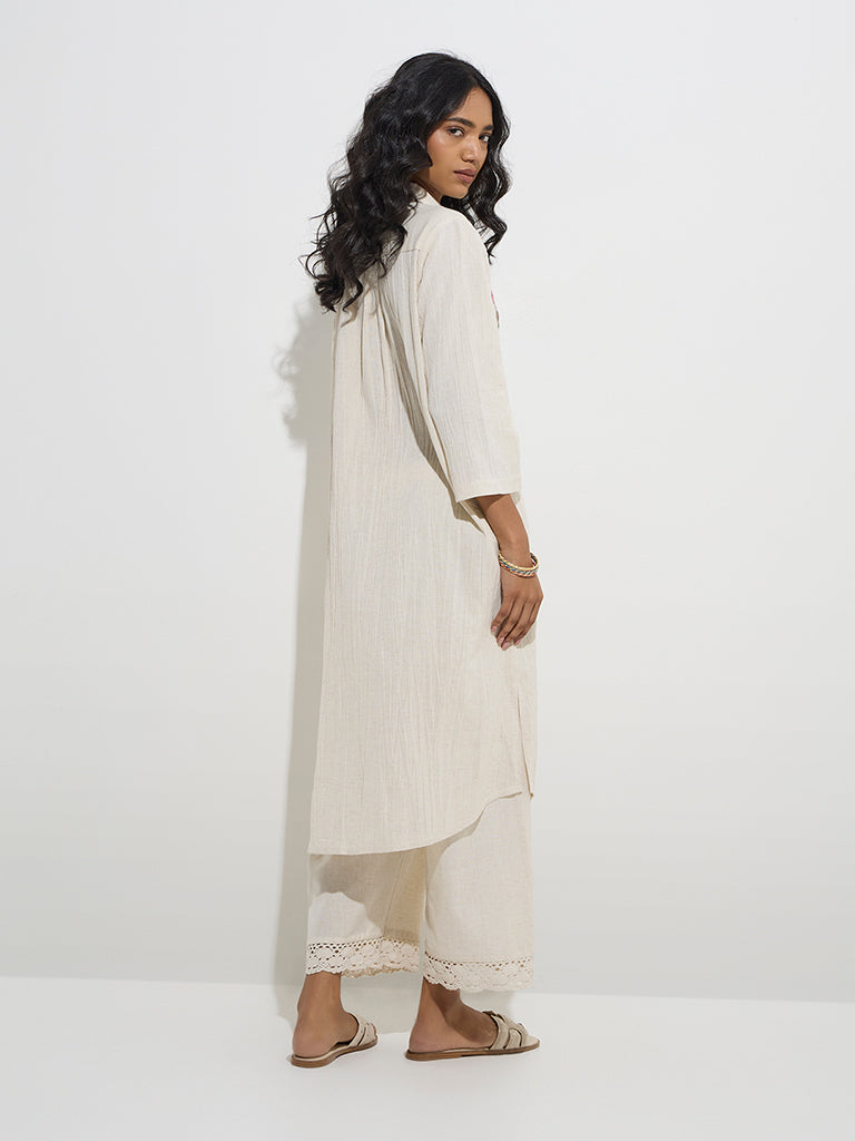 Utsa Off-White Ikat Design Cotton-Blend A-Line Kurta