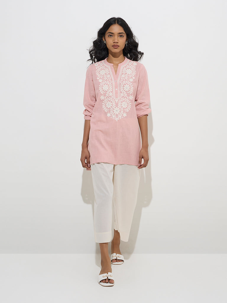 Utsa Pink Floral Embroidered Cotton Kurti