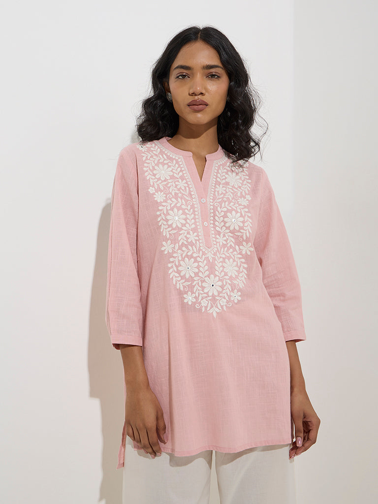 Utsa Pink Floral Embroidered Cotton Kurti