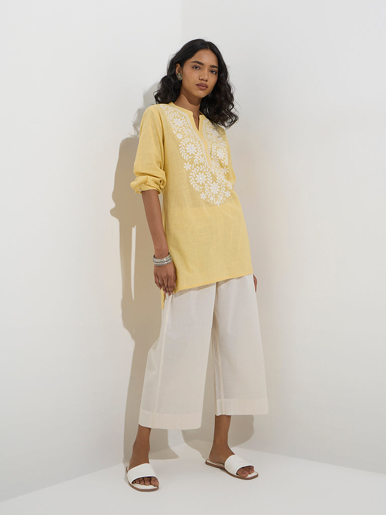 Utsa Yellow Floral Embroidered Cotton Kurti