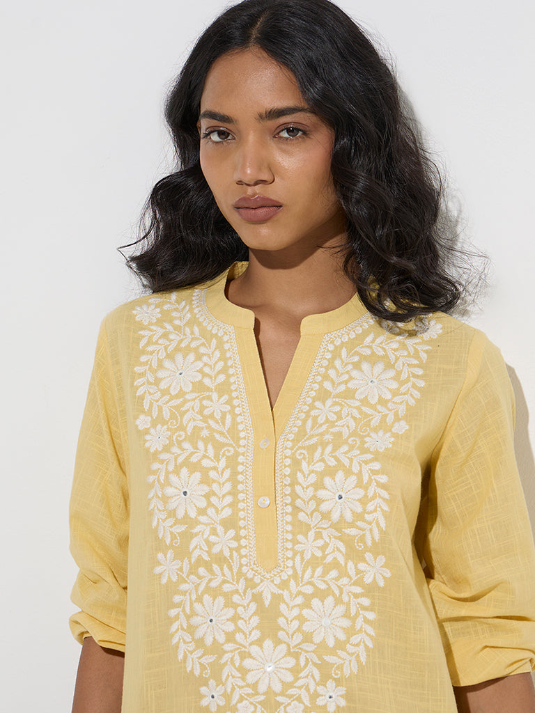 Utsa Yellow Floral Embroidered Cotton Kurti