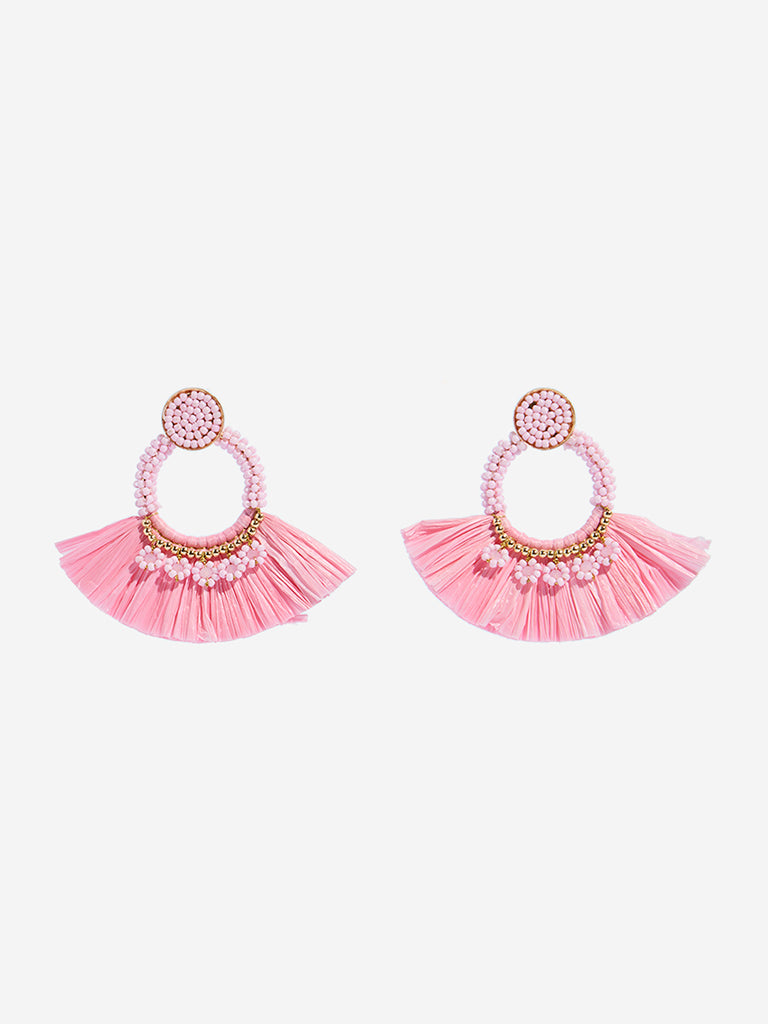 Westside Accessories Pink Raffia Fringe Earrings
