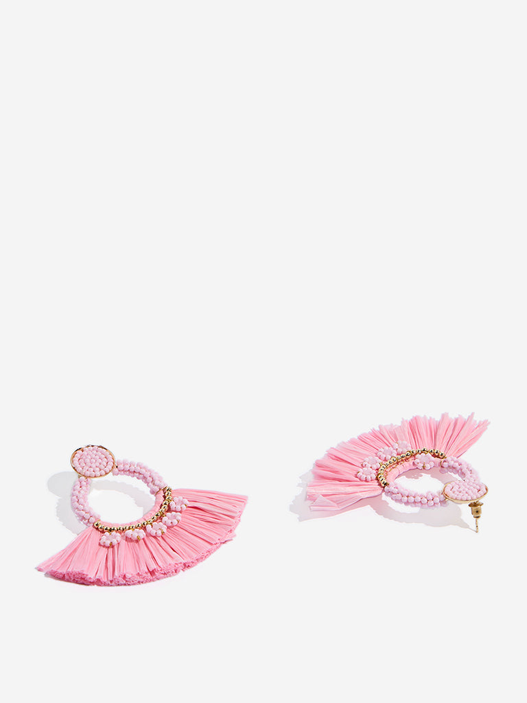 Westside Accessories Pink Raffia Fringe Earrings