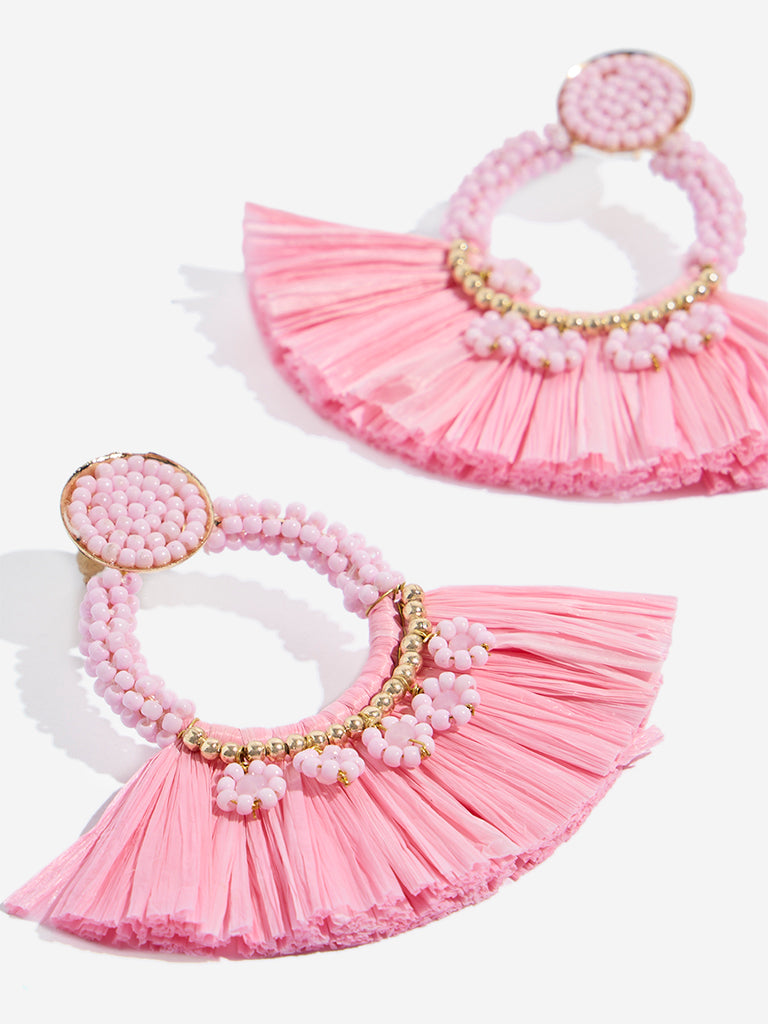 Westside Accessories Pink Raffia Fringe Earrings