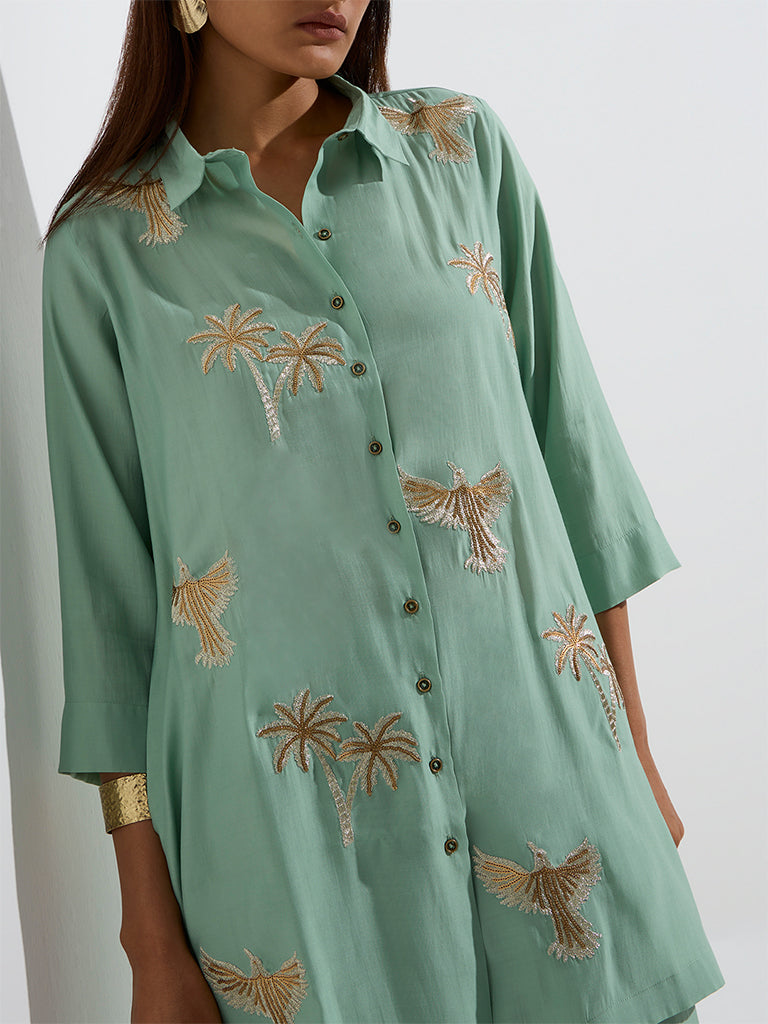 westisde Vark Women's Mint Embellished Tunic with Pants Set for Festive Wear Zoom View