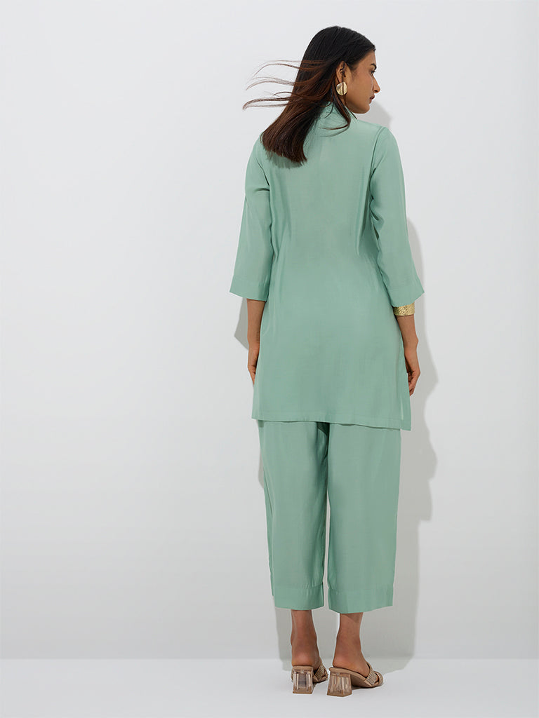 westisde Vark Women's Mint Embellished Tunic with Pants Set for Festive Wear Back View
