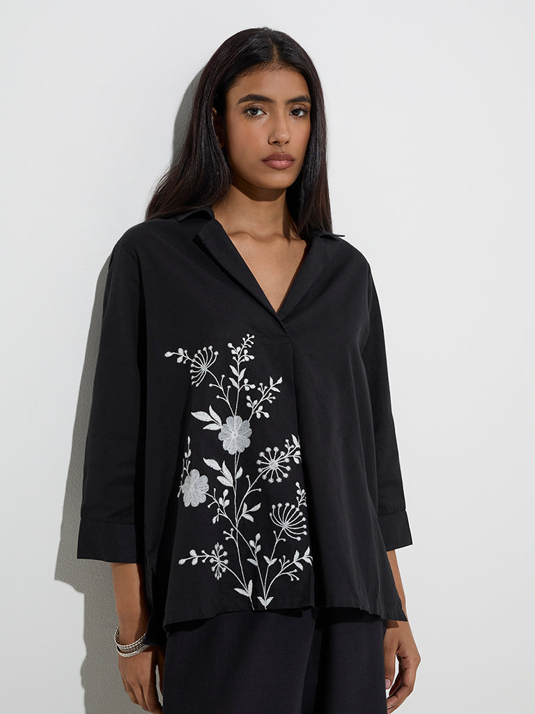 Utsa Black Floral Embroidered Cotton Tunic
