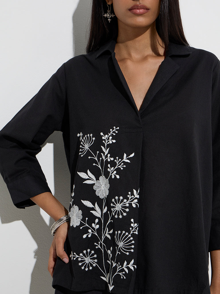 Utsa Black Floral Embroidered Cotton Tunic