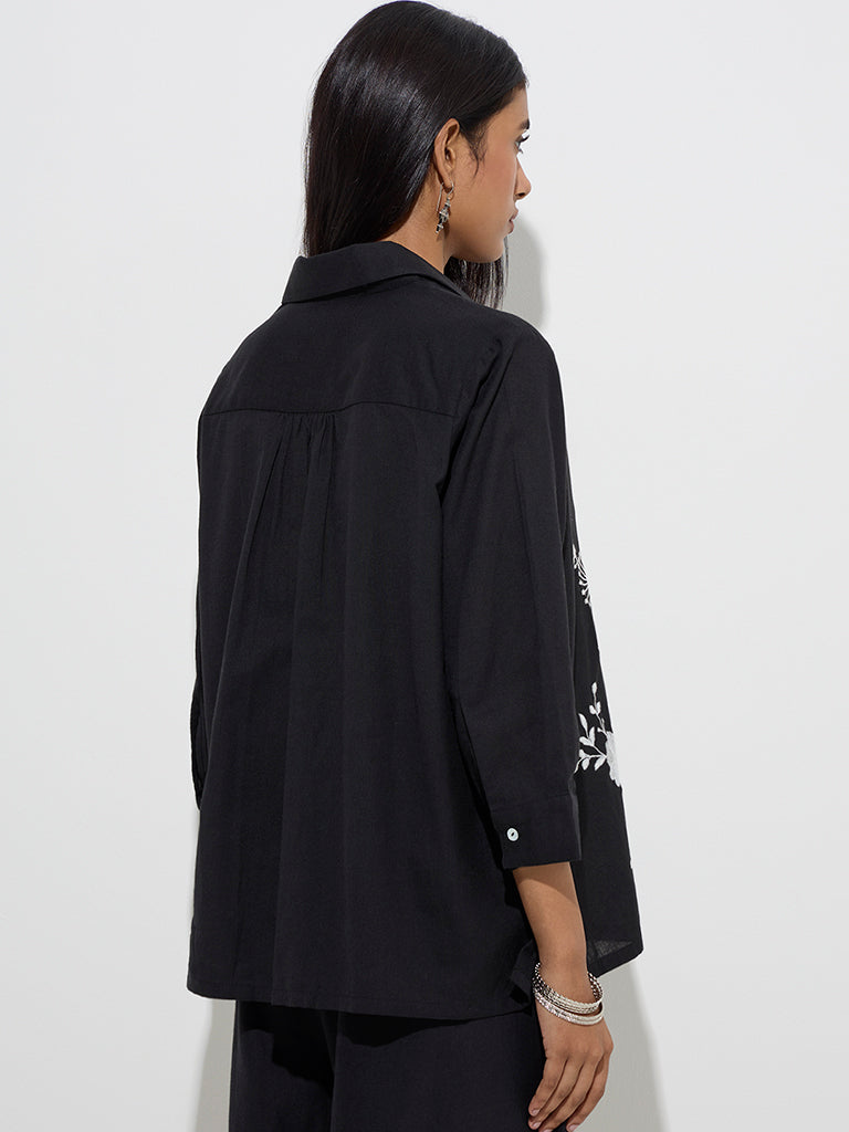 Utsa Black Floral Embroidered Cotton Tunic