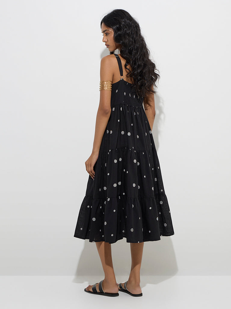 Utsa Black Geometric Design Cotton Tiered Dress