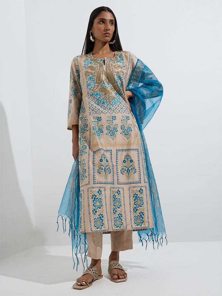 Beige Cotton Straight Kurta pant set with Dupatta