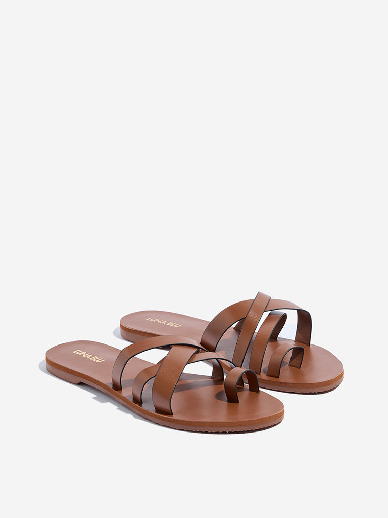 Westside LUNA BLU Women's Tan Multi-Strap Slides Front View