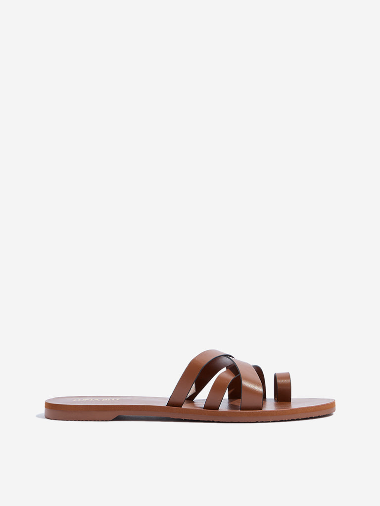 Westside LUNA BLU Women's Tan Multi-Strap Slides Side View