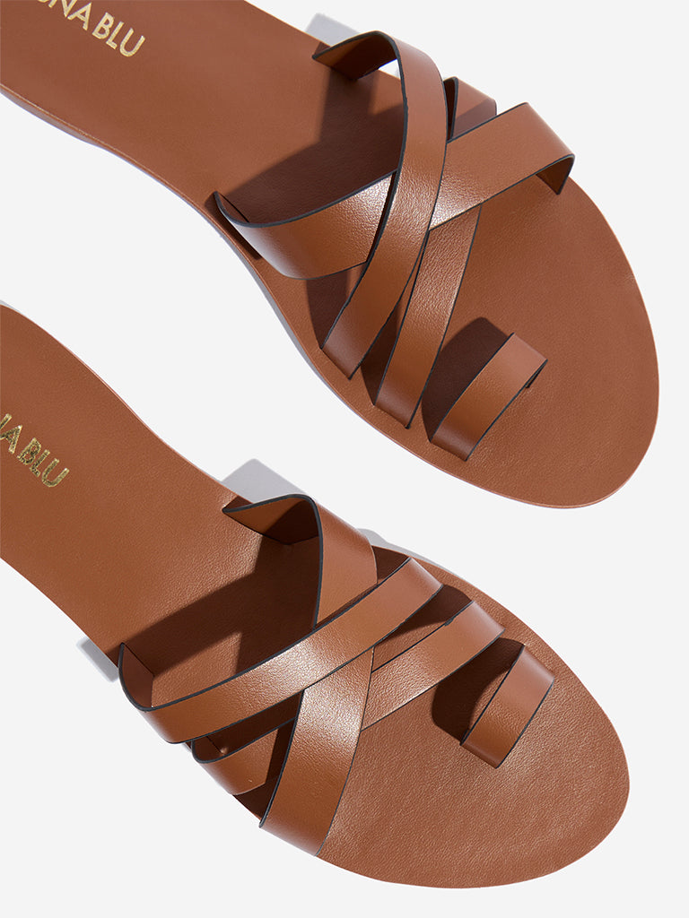 Westside LUNA BLU Women's Tan Multi-Strap Slides Zoomed View