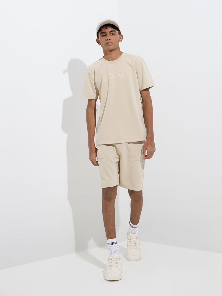 Westside Y&F Boys Kids Beige Mid-Rise Shorts for Casual Wear Full Model View
