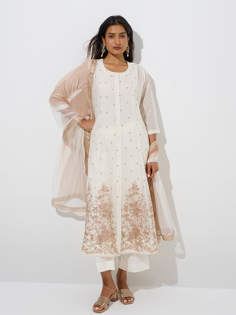 Vark Off-White Cotton A-Line Kurta, Palazzos and Dupatta Set