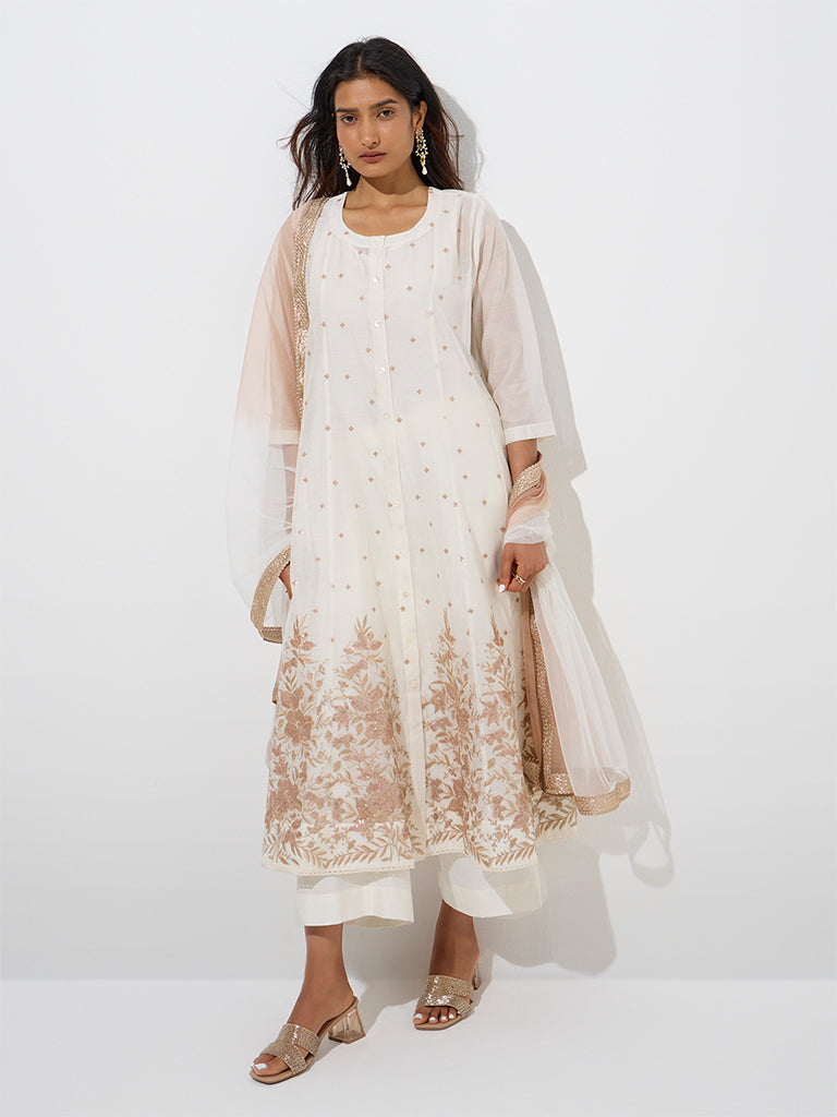 Vark Off-White Cotton A-Line Kurta, Palazzos and Dupatta Set