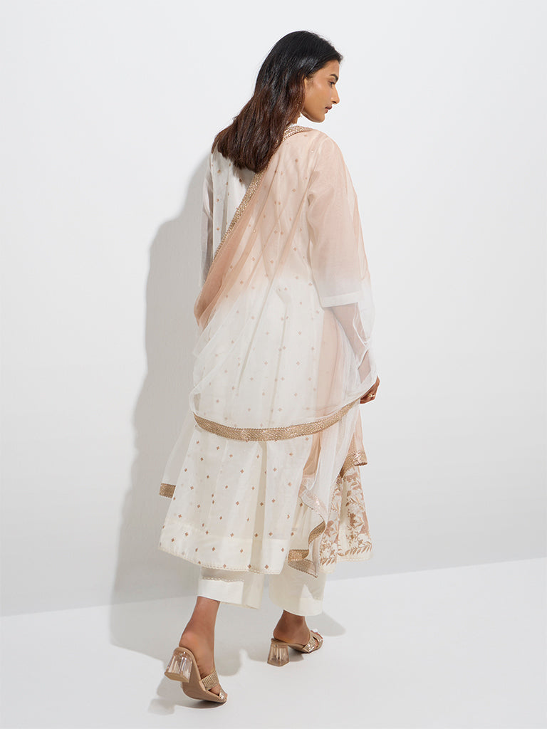 Vark Off-White Cotton A-Line Kurta, Palazzos and Dupatta Set