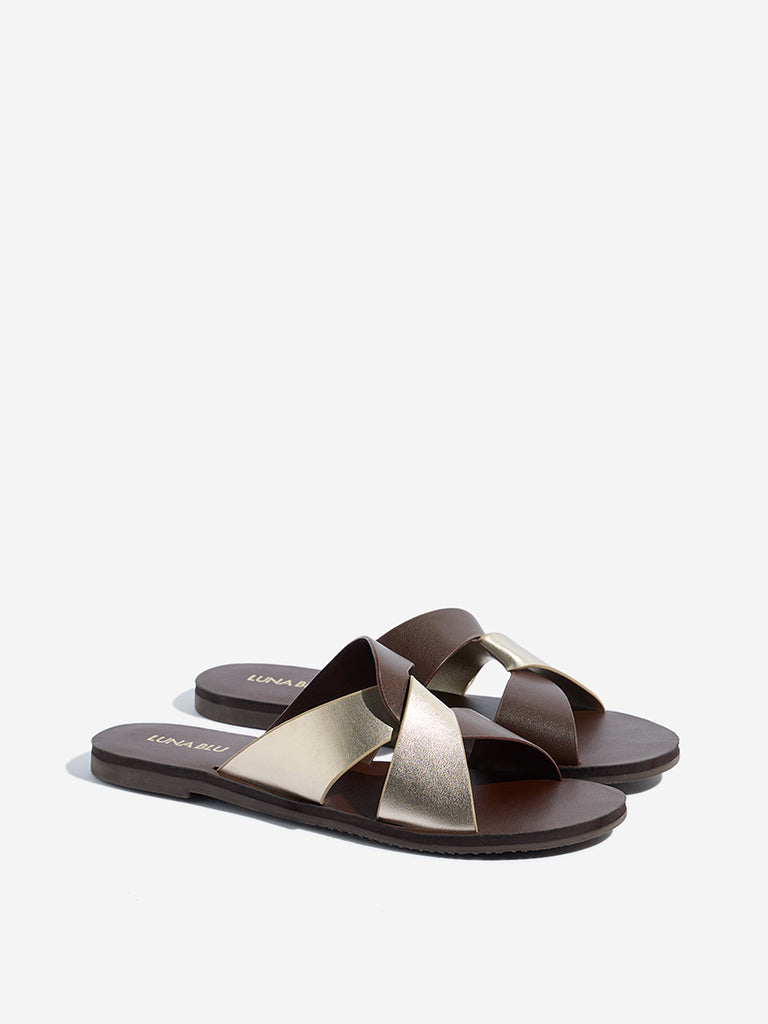 Westside LUNA BLU Women's Brown Criss-Cross Strap Slides Front View