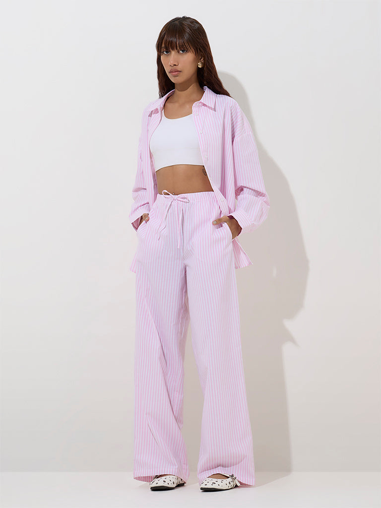 Westside Nuon Women's Pink Striped High-Rise Cotton Pants for Casual Wear Full Model View