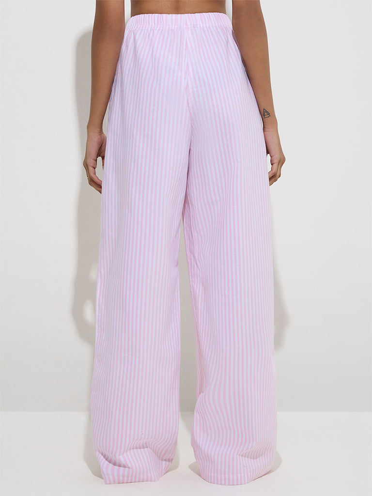 Westside Nuon Women's Pink Striped High-Rise Cotton Pants for Casual Wear Back View