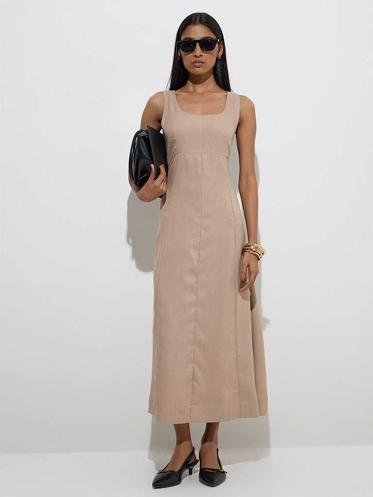 Wardrobe Beige Solid A-Line Dress