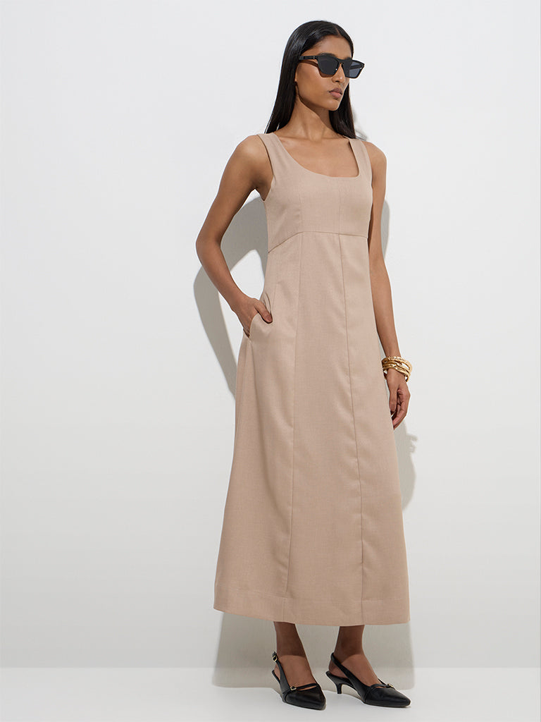 Wardrobe Beige Solid A-Line Dress
