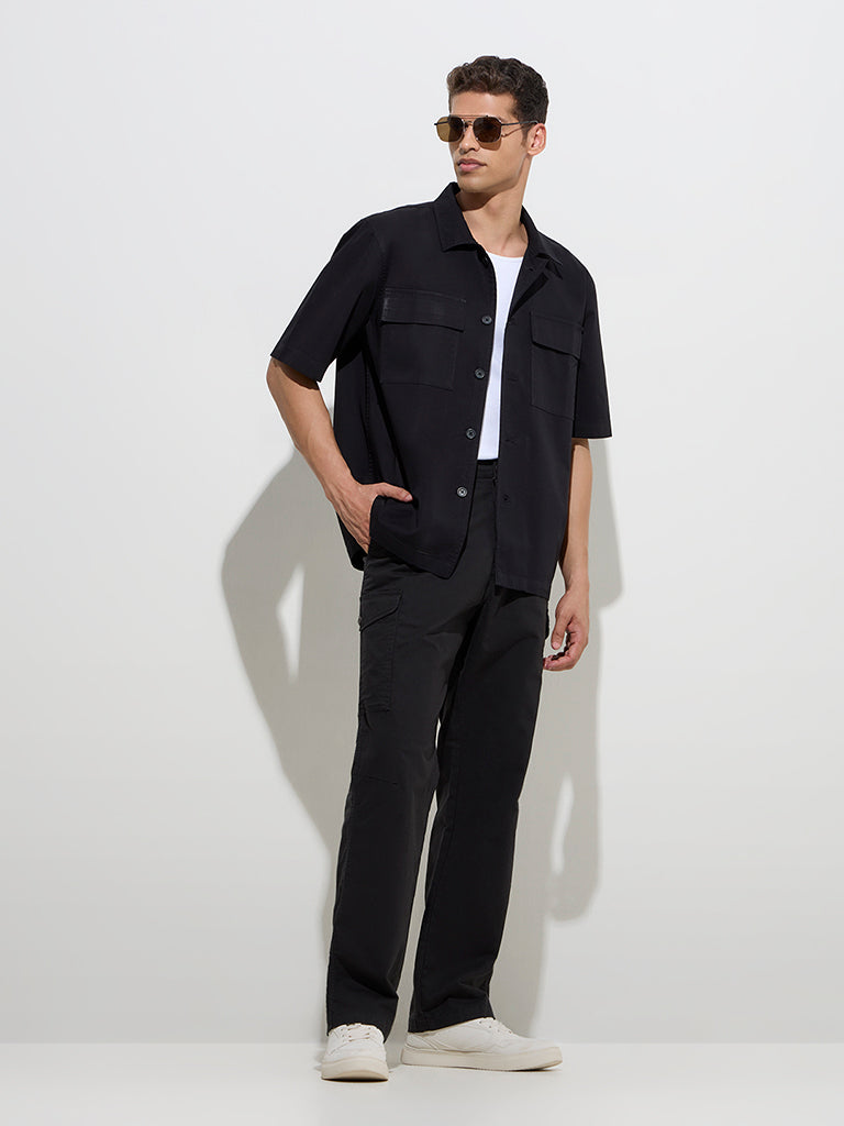 WES Casuals Black Relaxed-Fit Cotton-Blend Trousers