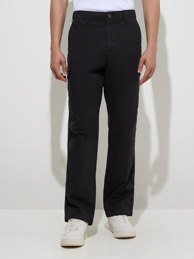 WES Casuals Black Relaxed-Fit Cotton-Blend Trousers