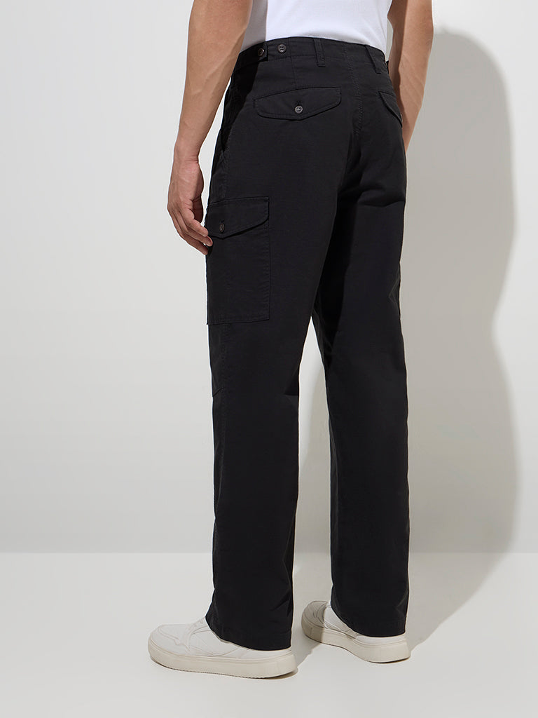 WES Casuals Black Relaxed-Fit Cotton-Blend Trousers