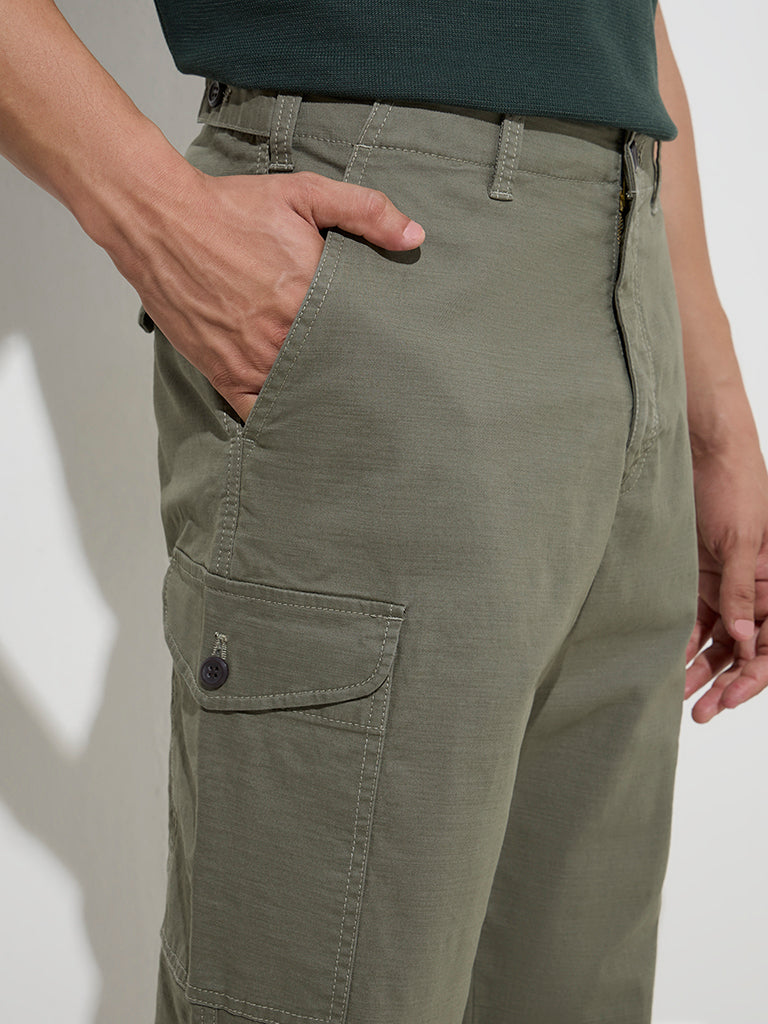 WES Casuals Olive Relaxed-Fit Cotton-Blend Trousers