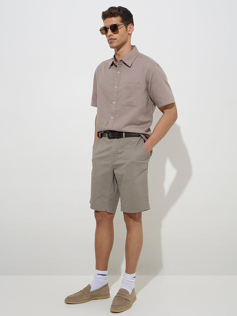 westisde WES Casuals Men's Taupe Relaxed-Fit Linen-Blend Shirt for Casual Wear Full Model View