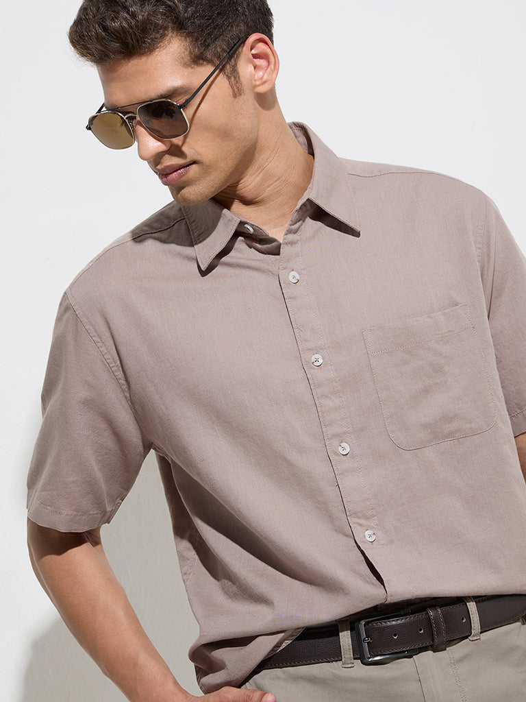 westisde WES Casuals Men's Taupe Relaxed-Fit Linen-Blend Shirt for Casual Wear Zoom View