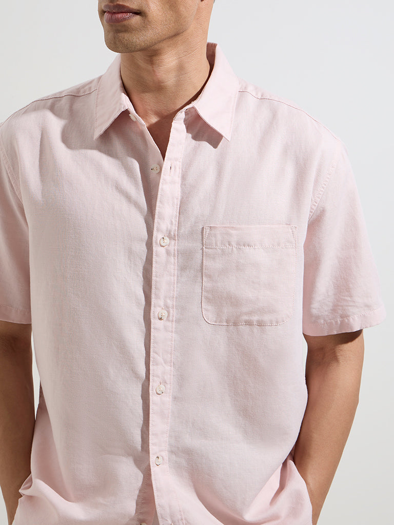 WES Casuals Light Pink Relaxed-Fit Linen-Blend Shirt