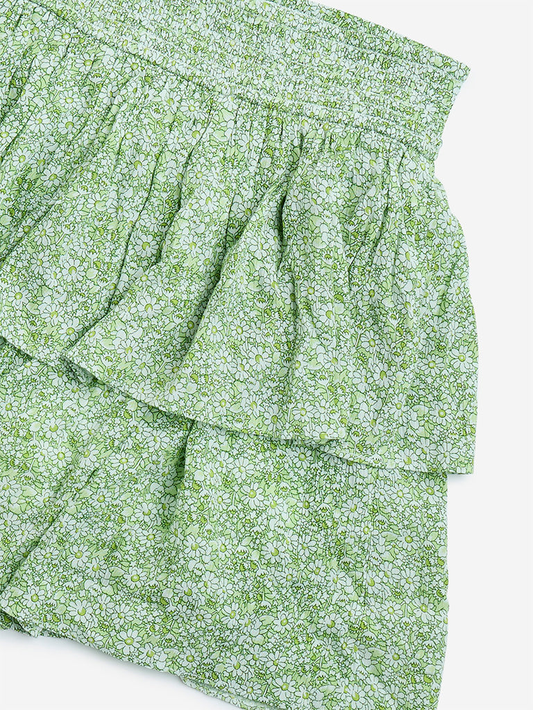 Y&F Kids Green Floral Printed High-Rise Skirt