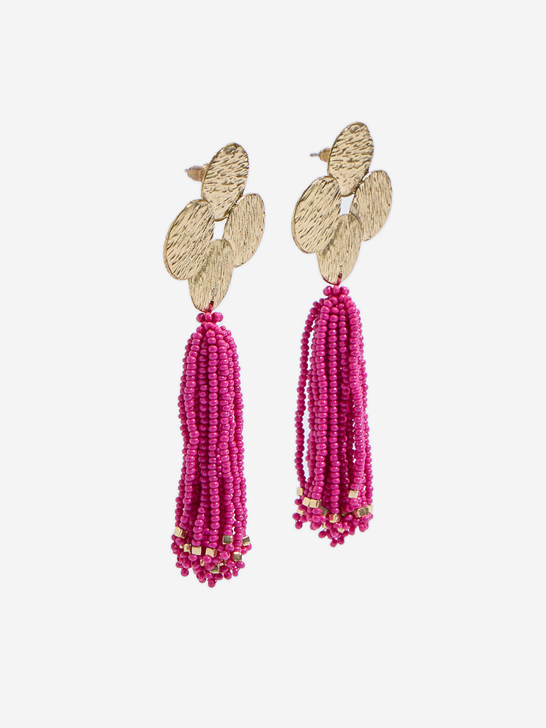 Westside Accessories Gold & Pink Textured and Beaded Dangler Earrings