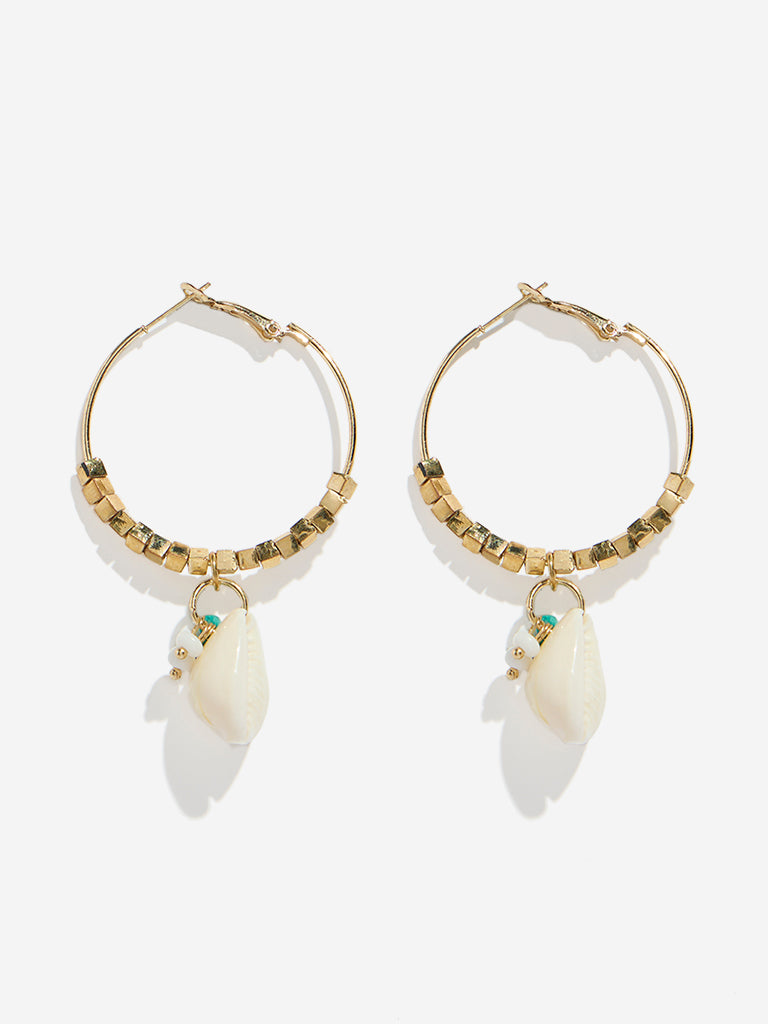 Westside Accessories Gold & White Seashells and Agate Hoop Earrings