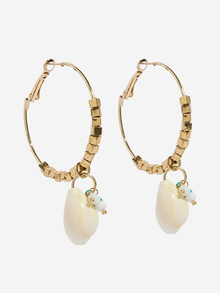 Westside Accessories Gold & White Seashells and Agate Hoop Earrings