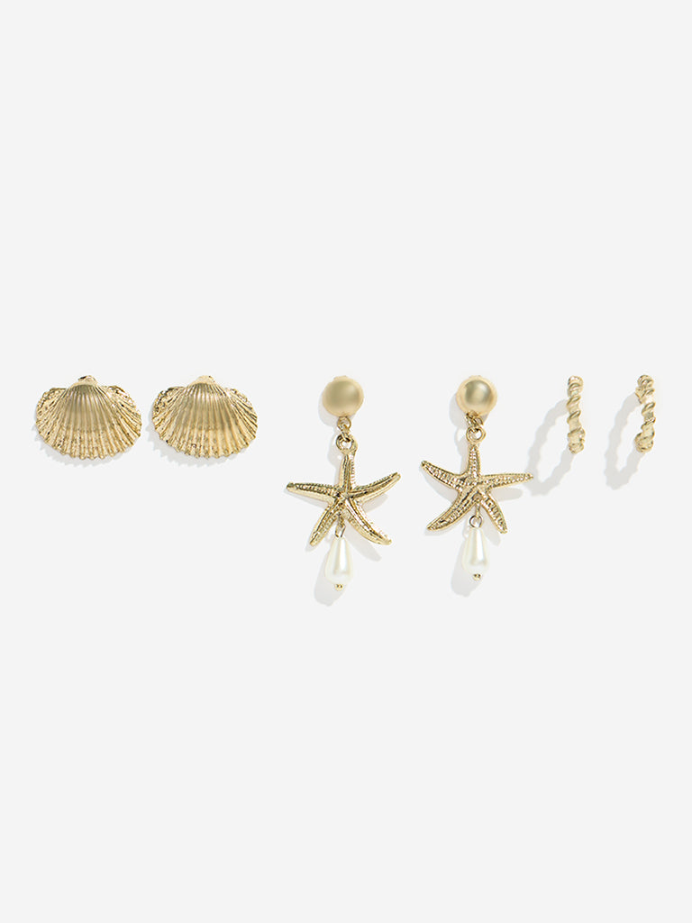 Westside Accessories Gold Shell Drop Earrings Set - Pack of 3