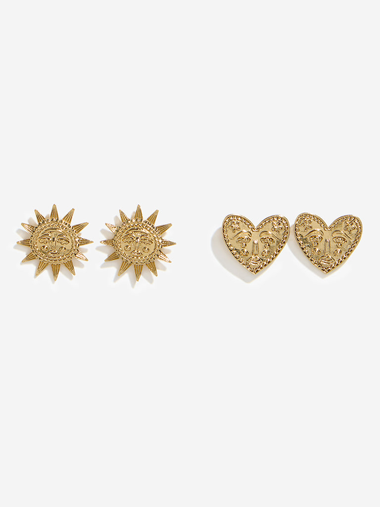 Westside Accessories Gold Sun and Heart Stud Earrings Set - Pack of 2