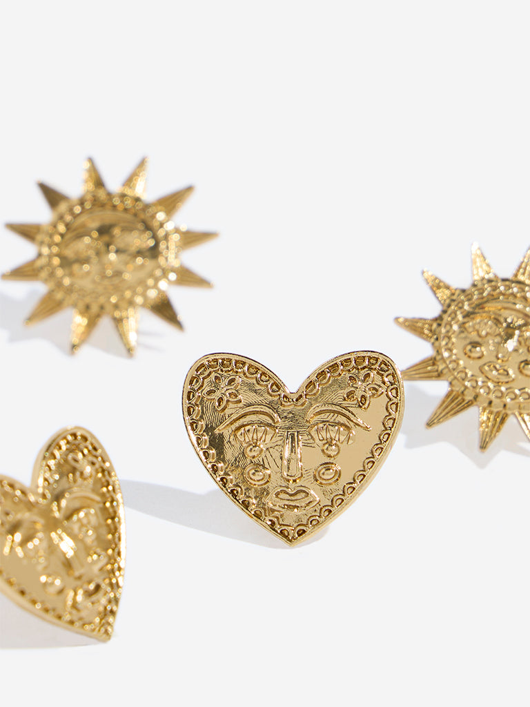 Westside Accessories Gold Sun and Heart Stud Earrings Set - Pack of 2