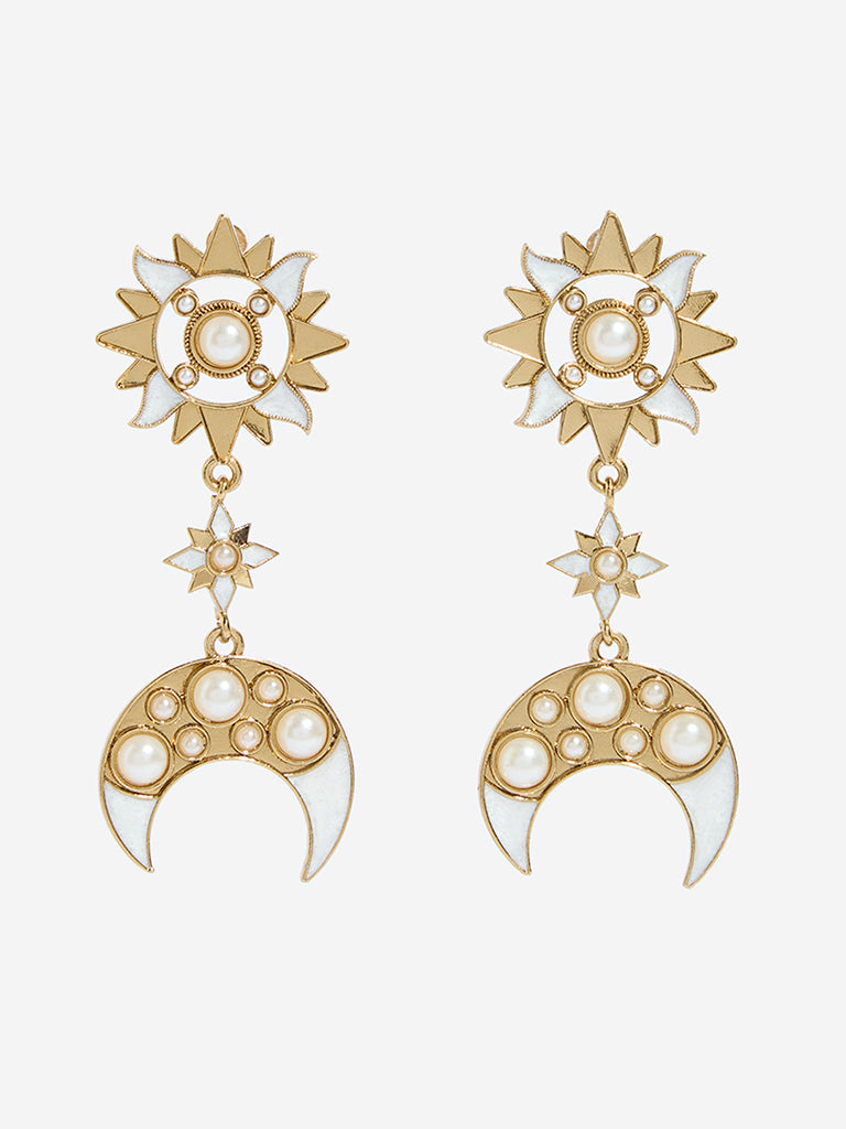 Westside Accessories Gold & White Sun and Moon Dangler Earrings
