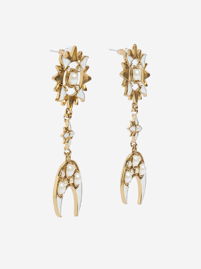 Westside Accessories Gold & White Sun and Moon Dangler Earrings