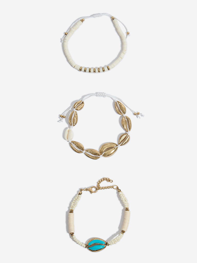 Westside Accessories Gold & White Shell Statement Bracelet Set - Pack of 3