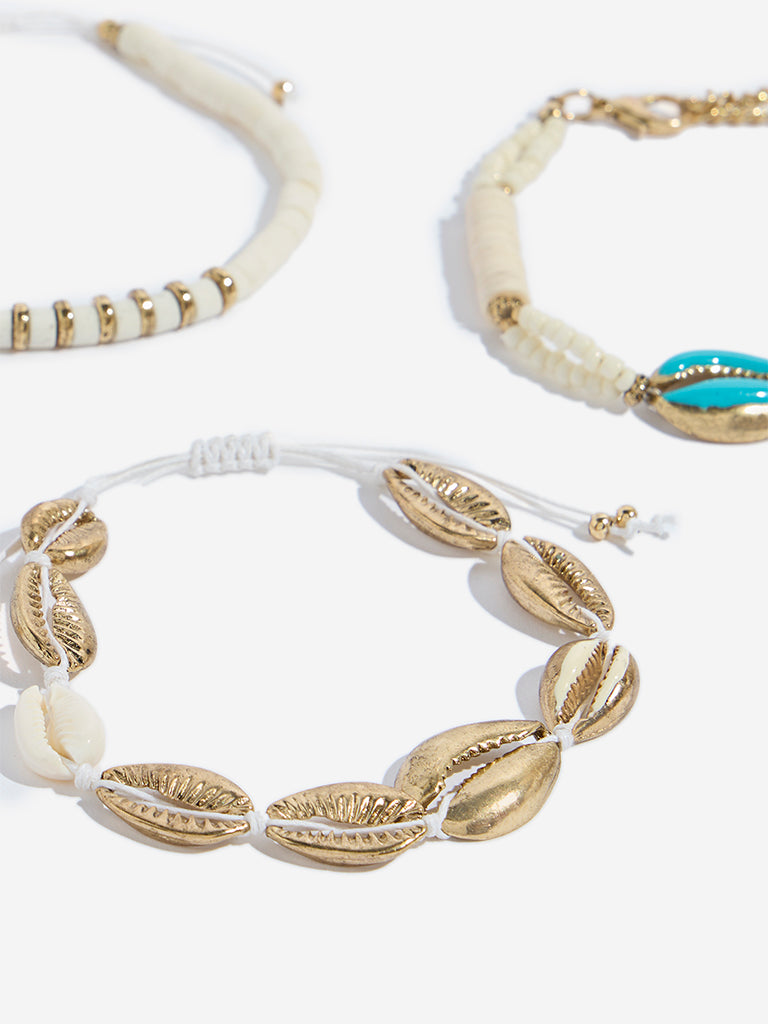Westside Accessories Gold & White Shell Statement Bracelet Set - Pack of 3