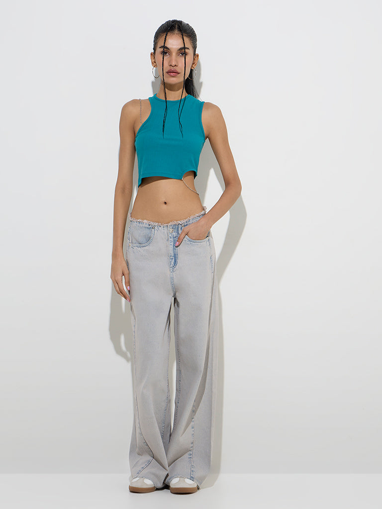 Nuon Teal Ribbed Chain-Detailed Crop Top