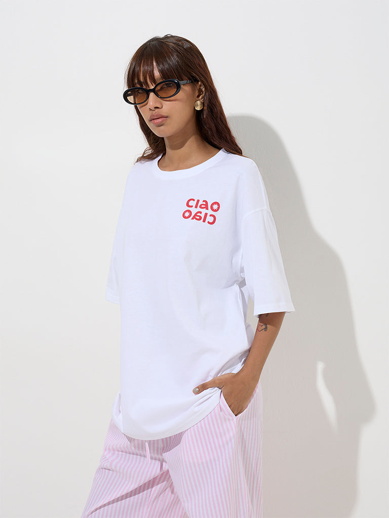 Nuon White Text Design Oversized Cotton T-Shirt